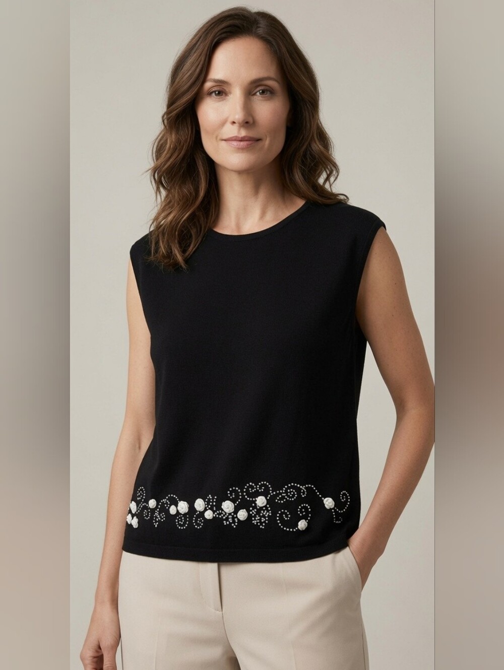 SPANNER Black Sleeveless Tank with Rhinestone Floral Trim